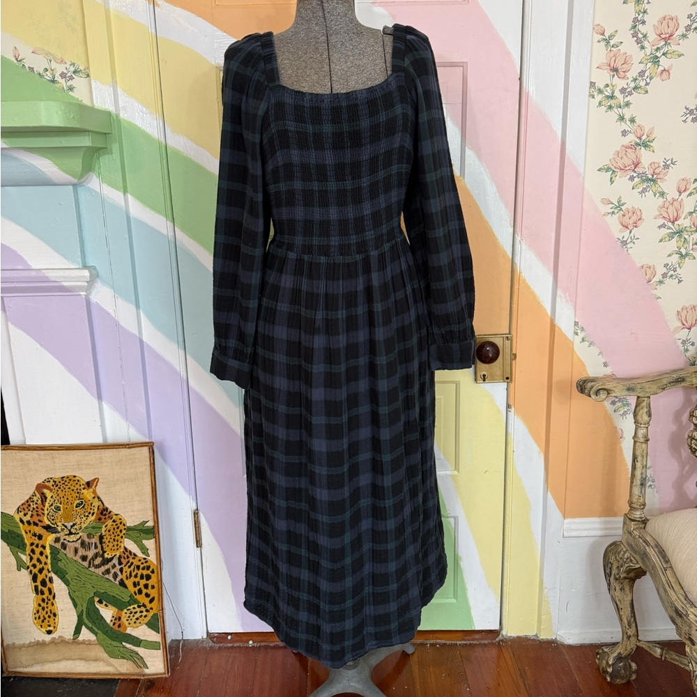 Madewell 100% Cotton Lightspun Long Sleeve Smocked Midi Plaid Dress Sz 2X 💚🍄 - Picture 2 of 12